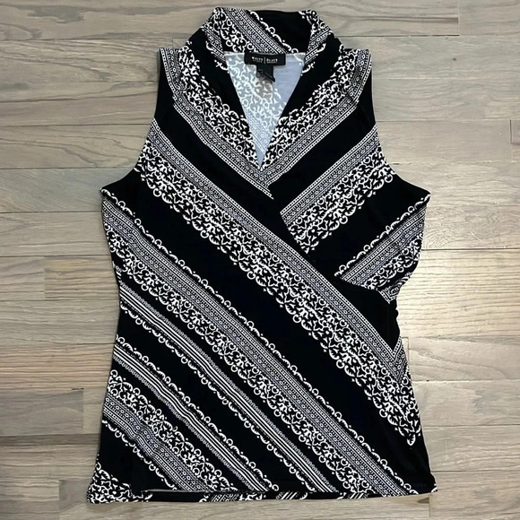 WHBM Faux Wrap Jersey Sleeveless Blouse Shell Tank Top Black White Print S - Picture 2 of 5